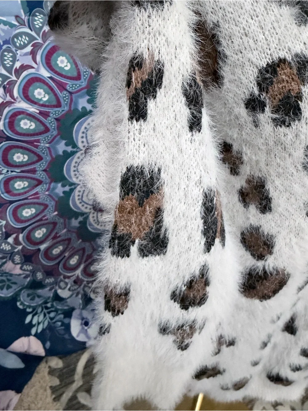 Newbury Kustom Medium Fuzzy Leopard Print Ivory Sweater